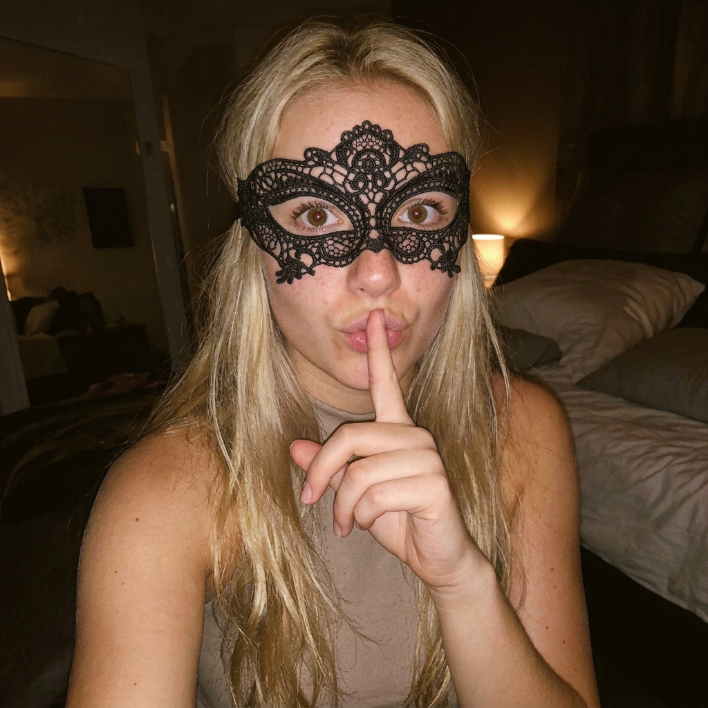 Portrait d’une blonde aux longs cheveux ondulés portant un masque de dentelle noire et faisant un geste de silence